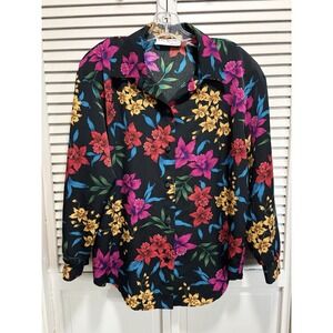 Vintage Colorful Floral S.G. Sport Chiffon Long Sleeve Button Up Blouse Size XL